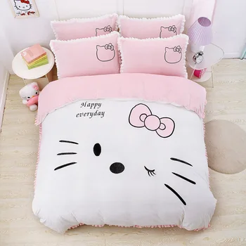 

White/Pink Cute Cat Embroidery Winter Soft Short plush Fleece Girl Bedding Set Velvet Duvet Cover Bed Skirt/Sheet Pillowcases