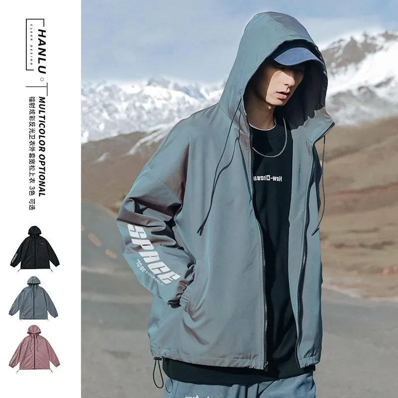 

"2020 Autumn Jacket Men Clothing New Colorful Hooded Jacket Safari Style Windbreaker Coat Reflective Letter Printing Sleeve "