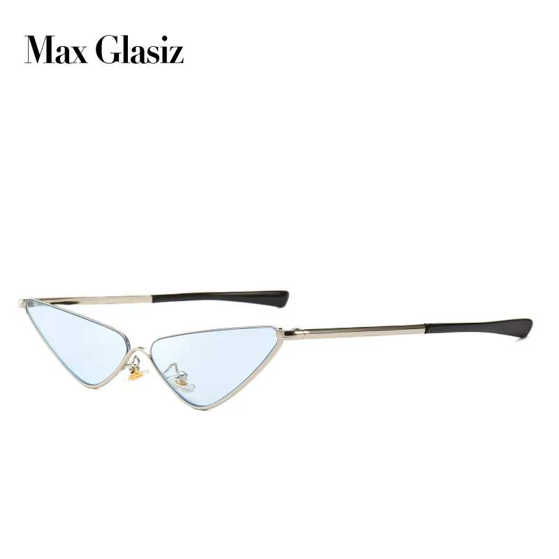 Max Glasiz новые узкие линзы кошачий глаз солнцезащитные очки женские половинчатая металлическая рама треугольные Солнцезащитные очки Мужские кошачий глаз винтажные уличные тренды gafas - Цвет линз: silver w blue