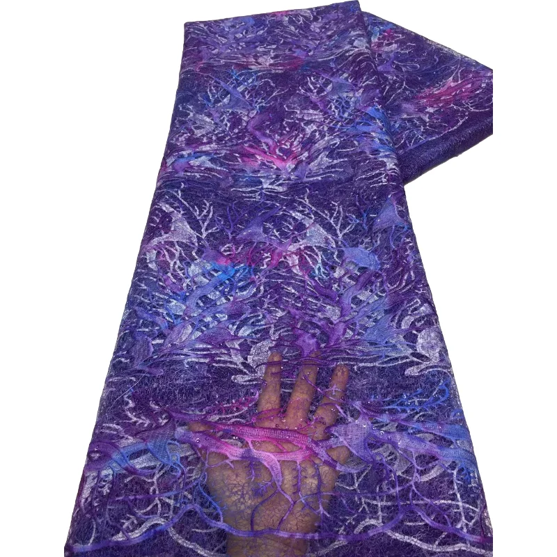 Purple Color Nigerian Lace Fabrics 2021 Newest Embroidery Luxury French Tulle With Many Sequins For Wedding Dress | Дом и сад