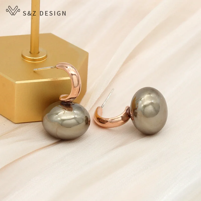 S&Z DESIGN New Fashion Big Simulation Pearl Stud Earrings For Women Wedding Jewelry Elegant Rose Gold Color Anti-allergy