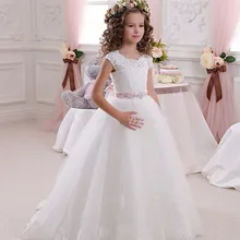 Г. Кружевное платье трапециевидной формы с цветочным узором для девочек милые платья для первого причастия с бисером и короткими рукавами для девочек, г. Дешевое праздничное платье для девочек