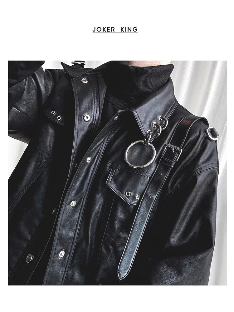 Уличная Готическая мотоциклетная куртка, пальто-карго, верхняя одежда в стиле панк, хип-хоп, Мужская модная куртка из искусственной кожи с металлическим кольцом, мужская уличная куртка