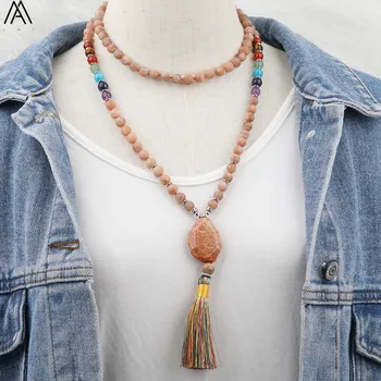 

Natural Coral Jades Chunky Stone Tassel 8mm Sun Stone Amethysts Quartz 108 Prayer Beads Handmade Knot Necklace Women N0495AMEC