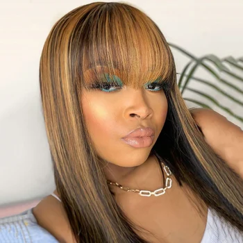 

2x6 Highlight Fringe Wig With Bangs Lace Closure Wigs Ombre Human Hair Wigs Brazilian Remy Hair Wig For Women Lace Front Wig