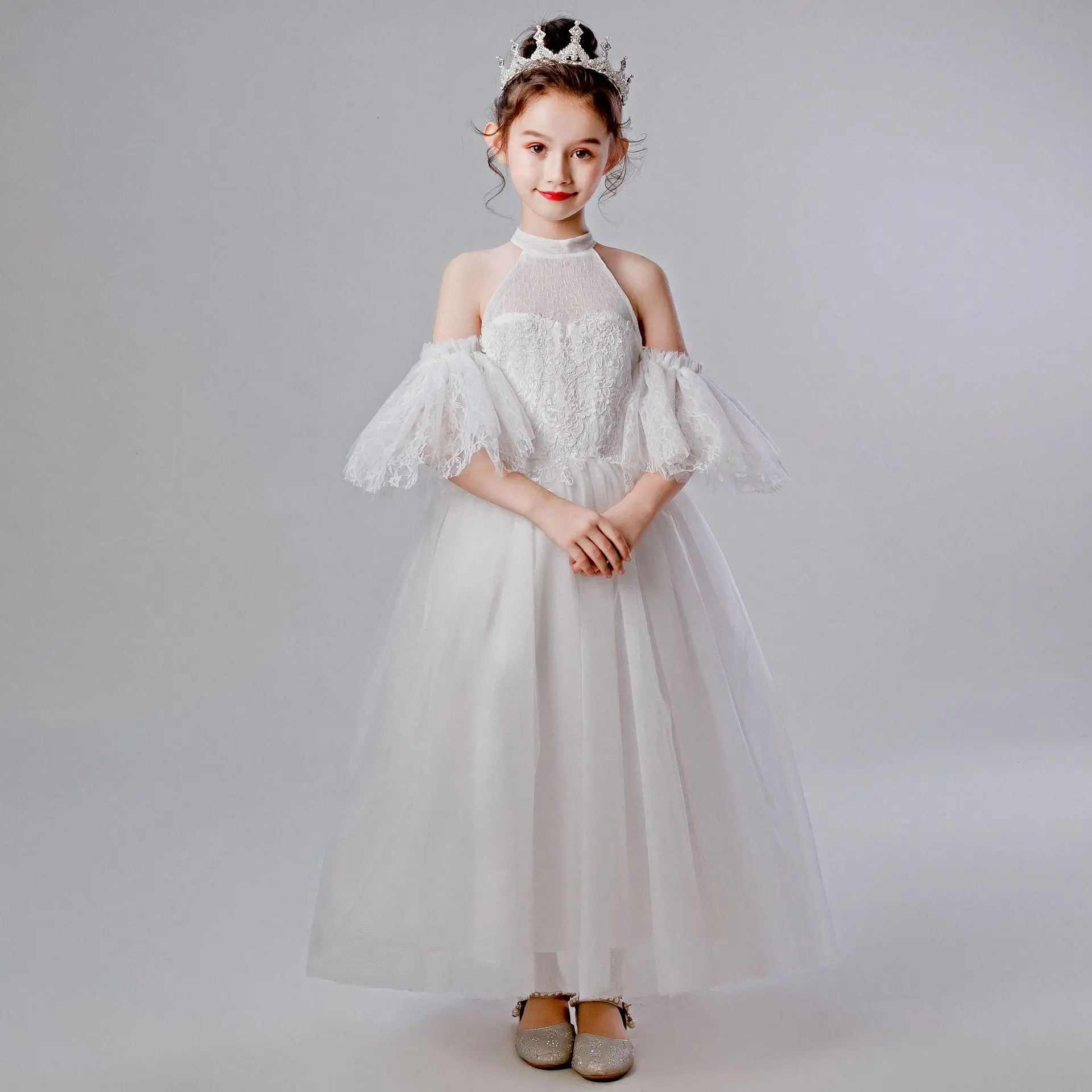 Новинка; белые фатиновые платья для причастия для девочек; пышные вечерние бальные платья с кружевной аппликацией; платья принцессы с цветочным узором для девочек на свадьбу