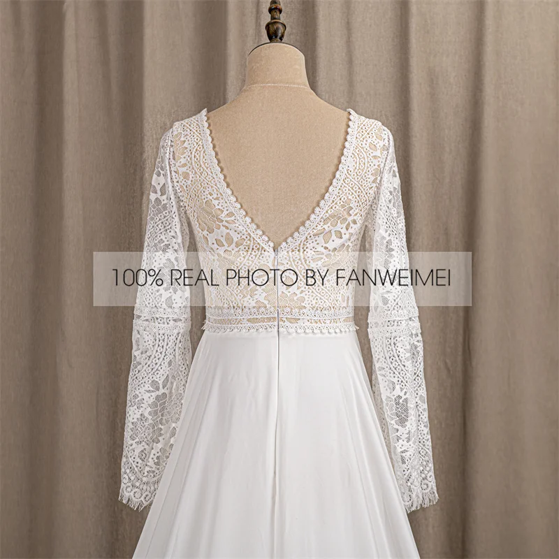 803#2021 New Design Long Lantern Sleeve Empire V-Neck Backless Small Train Beauty Backless Lace Boho Beach Wedding Dresses Women modest wedding dresses