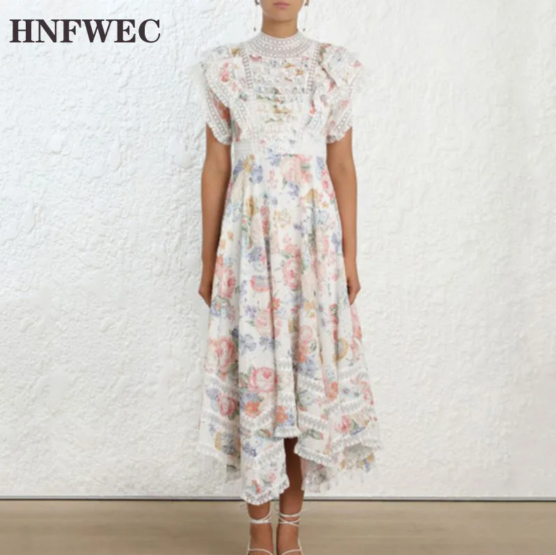 New 2020 Summer Women Elegant Floral Printed Ruffles Lace Chiffon Patchwork Pleated Long Dress High Quality Runway E800 | Женская одежда