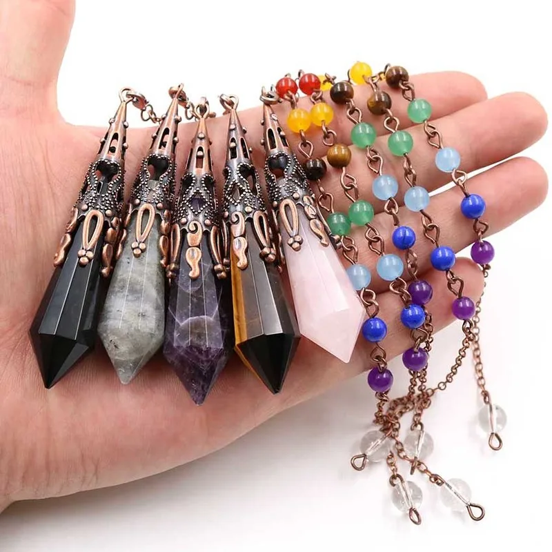 

Reiki Stone Crystal Pendant Pendulum Vintage Antique Bronze Amethysts Rose Quartzs Opal Hexagon Prism Amulet Pendants Jewelry