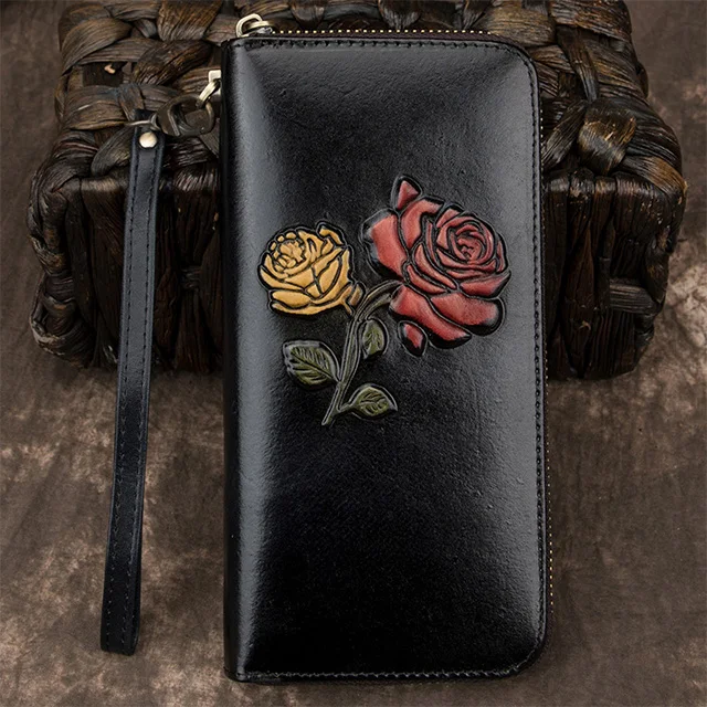 cossroll New first layer cowhide wallet long zipper ladies leather card bag large capacity European and American clutch bag - Цвет: Черный
