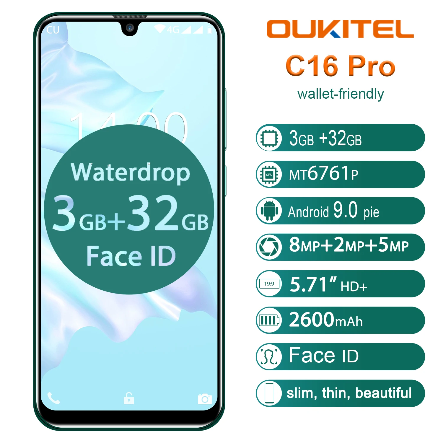 OUKITEL C16 PRO 3GB 32GB смартфон 5,71 ''HD+ экран капли воды MT6761P четырехъядерный Android 9,0 пирог лицо ID 2600mAh 4G мобильный телефон