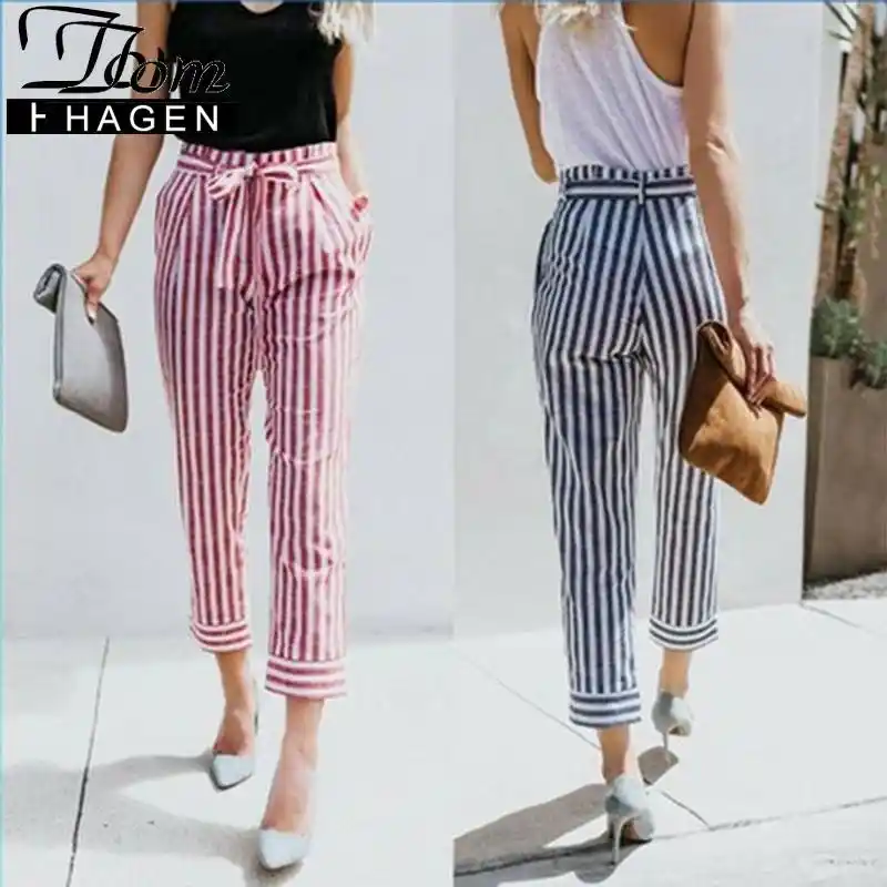 fashion striped side woven belt cropped casual pants