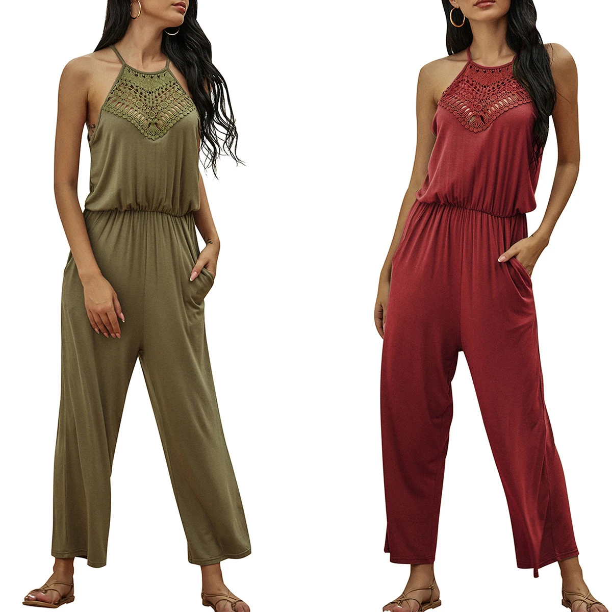 

Women Casual Halter Jumpsuits, Hollow Out Solid Color Elastic Waist Wide Leg Playsuits Outfits