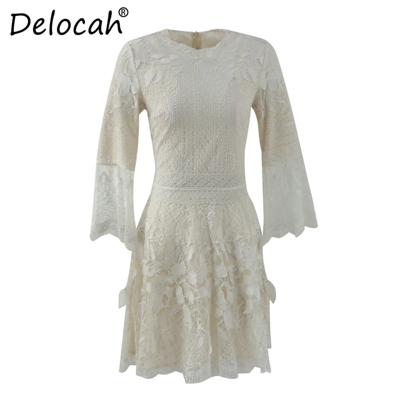 Delocah, модное осеннее платье для подиума, женские кружевные открытые платья с расклешенными рукавами, женские стильные повседневные праздничные белые мини-платья