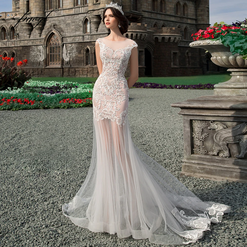 

Fmogl Sexy Backless See Through Lace Mermaid Wedding Dresses 2019 Luxury Appliques Sweep Train Vintage Trumpet Bridal Gowns