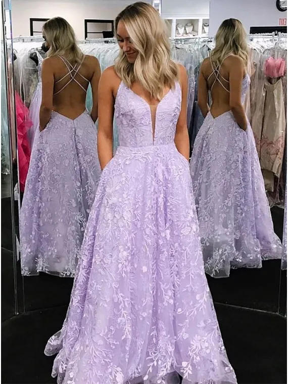 V Neck Lilac Long Prom Dress Lace ...