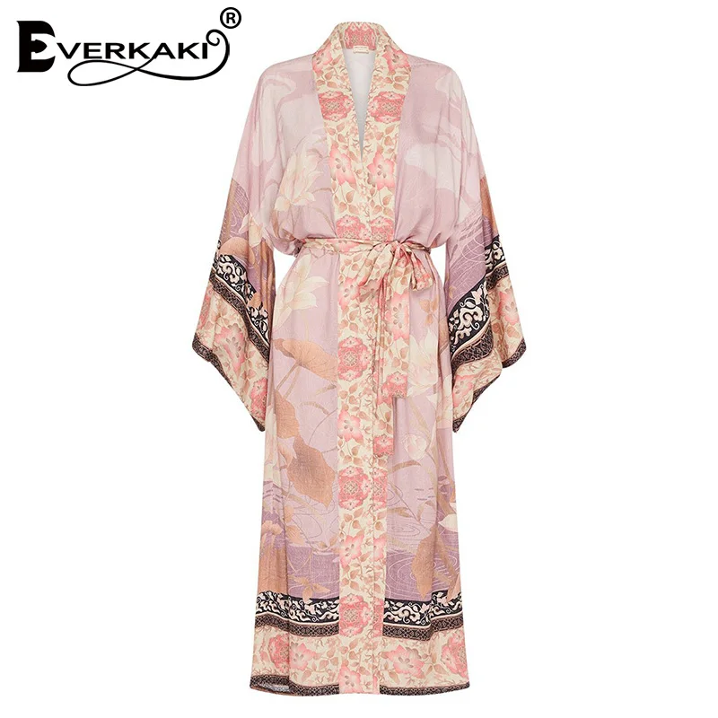 Everkaki Boho Цветочный принт пальто-кимоно женские пояса Розовый Цыганский осеннее женское длинное пальто-кимоно верхняя одежда женская Осень новинка - Цвет: Pink