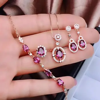 

GU26 PINK GARNET FASHION SET RING PENDANT EARRING NECKLACE BRACELET BRIDE WEDDING SET925