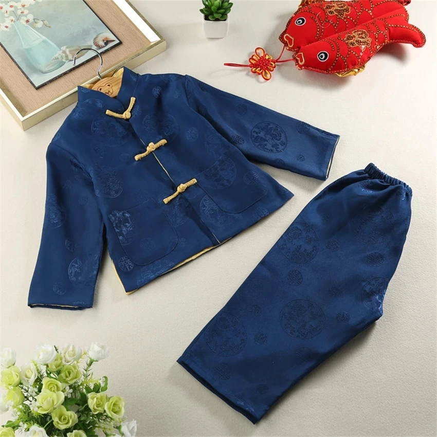

80-160cm Traditional Chinese Tang Suit for Kids 2pieces Print Long Sleeve New Year Costumes Kung Fu Reversible Clothing Set