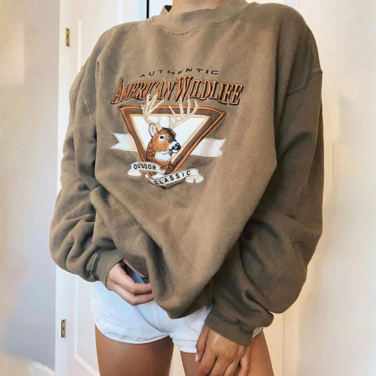 Vintage Deer Embroidery Oversize Sweatshirt 2020