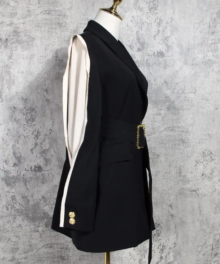 Autumn Long sleeve Stitching Ruffles Black Blazer With belt Vintage Korea Women Contrast Color Suit OL Coat