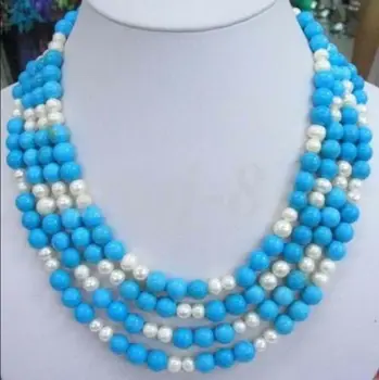 

4 Rows 8mm Blue Turquoise & 7-8mm White Pearl Beaded Necklace 17-20''