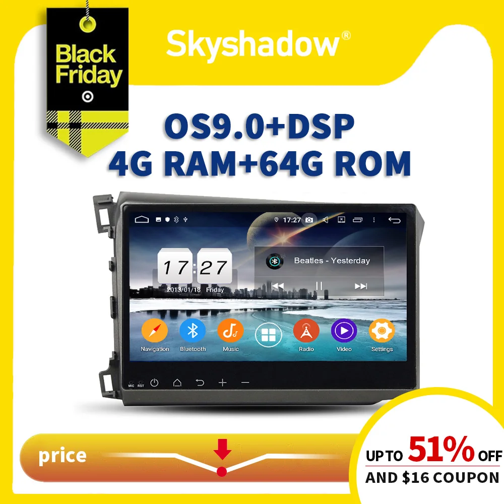 PX6 DSP ips 10," Android 9,0 4 Гб+ 64 г автомобильный dvd-плеер Авто радио gps карта wifi Bluetooth 4,2 для Honda CIVIC 2012 2013