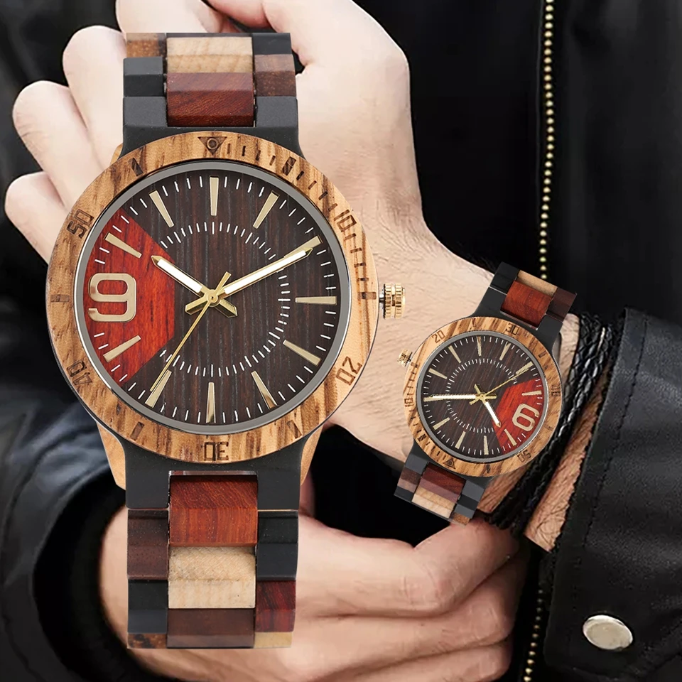 Wooden Arabic Numerals 9 Display Wood Watch Men's Mixed Color Full Wooden Watch Quartz Wristwatch Wood Watches Male Clock Hour