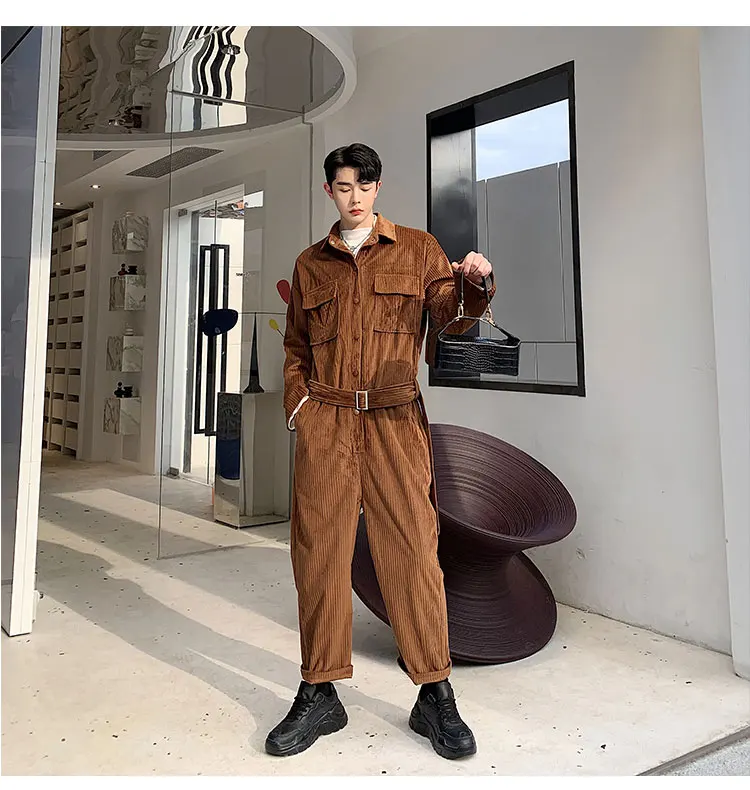 

2019 Autumn Men's Long Sleeve Corduroy Cargo Black, Brown Jumpsuits Overalls Coveralls for Youth