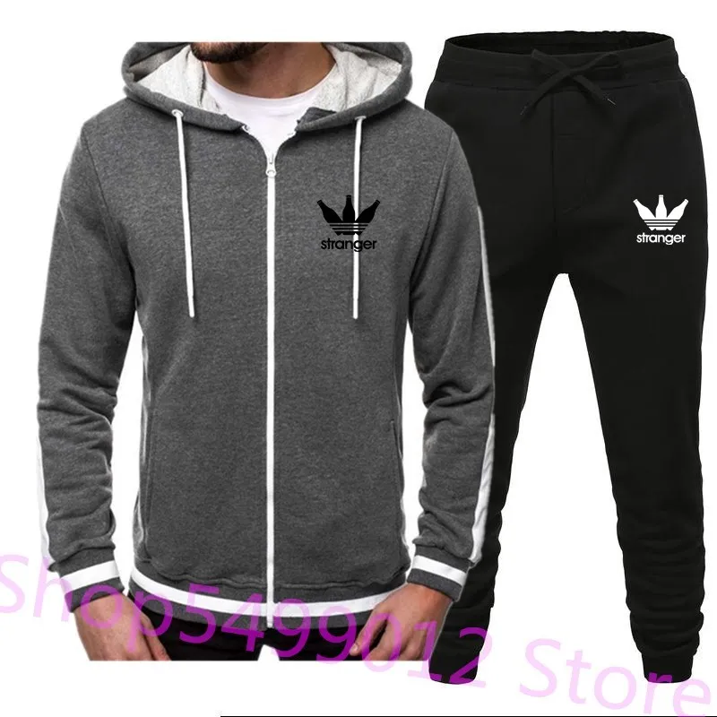 dark gray-black-HB Спортивный костюм на молнии из 2 предметов, мужской комплект, спортивный костюм, мужская одежда с принтом, толстовки с капюшоном, куртка, штаны, спортивные костюмы для мужчин - Цвет: dark gray-black-HB