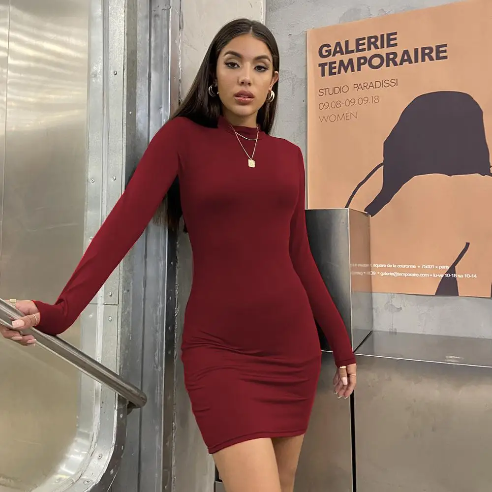 Women Autumn Winter Solid Bodycon Bag Hip Mini Dress Sexy Long Sleeve O Neck Tight Buttocks Elastic Basic Red Khaki Party Dress