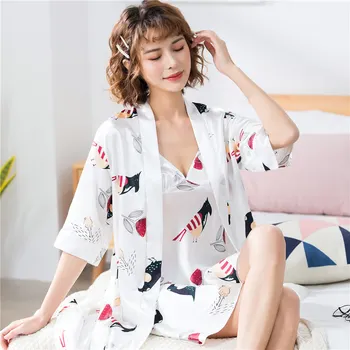 

Silky Satin Sleepwear Women Nightdress Kimono Gown White Print Intimate Lingerie Nightwear Casual 2PCS Nighty&Robe Suit Homewear
