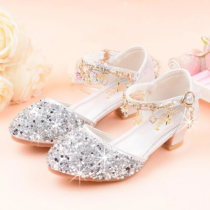 Flower Children Rhinestone Princess Dress Shoes For Girls Silver High Heels Model Show Crystal Single Shoes 6 8 10 14 16 Years comfortable sandals child