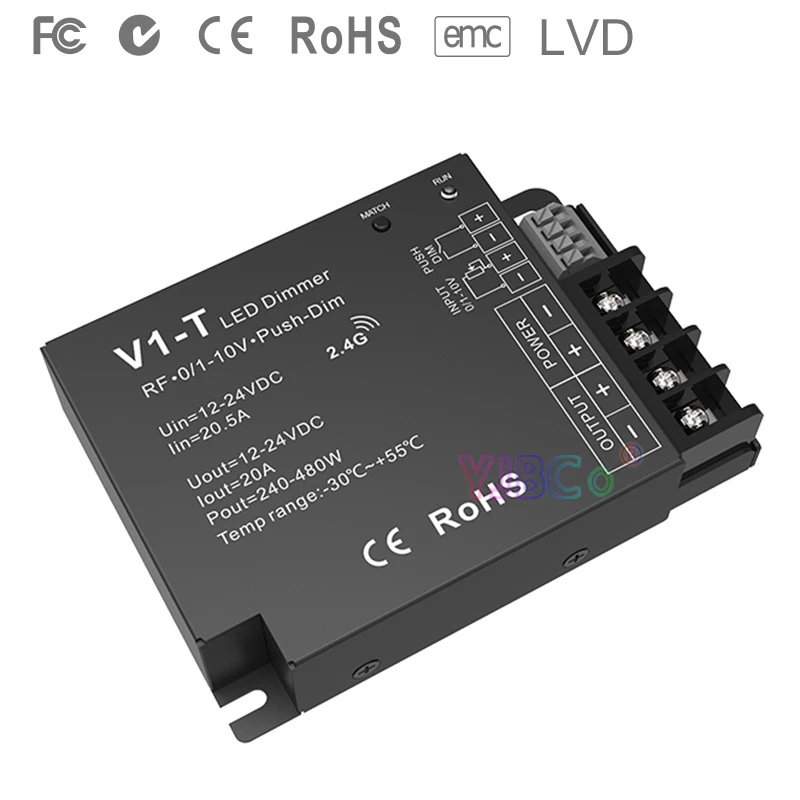 

V1-T 3 in 1 Dimming led Controller 1CH*20A 12-24VDC CV 0/1-10V Push-Dim Auto-transmitting Synchronize RF 2.4GHz led strip dimmer