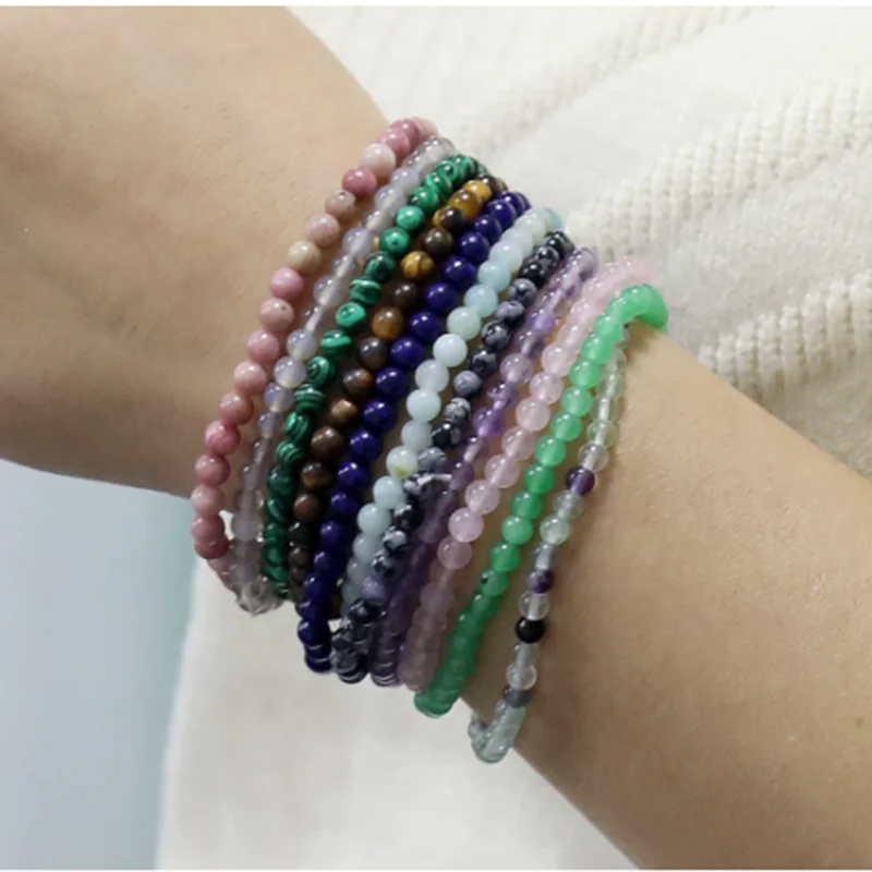 Stone Beaded Elastic Bracelet Men Women Couples Simple Leisure Sports Travel Fashion Party Friendship 4MM Mini Natural Stone