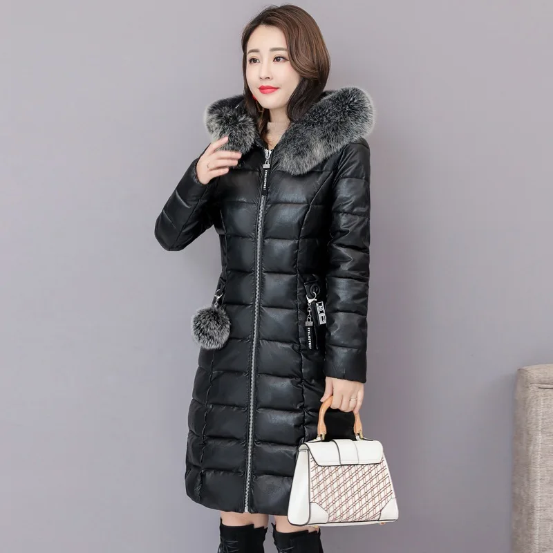 

Winter Thick Mid-length Thick Cotton-padded Jacket Ultra Large Really Fox Fur down Jacket Women's New Style Fashion PU Leather C
