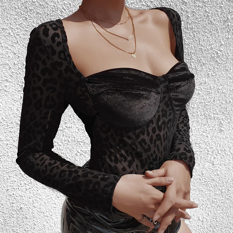 ArtSu Women Long Sleeve Casual Bodysuits Fashion V-Neck Black Leopard Print See Through Sexy Velvet Mesh Bodysuit Club Wear 2019 cut out bodysuit