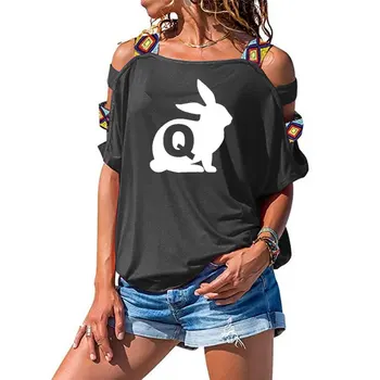 

Cartoon Fun Rabbit Q Qanon Print T-shirt Fashion WoMen Cotton Short Sleeve T Shirt Sexy Hollow Out Shoulder Tee