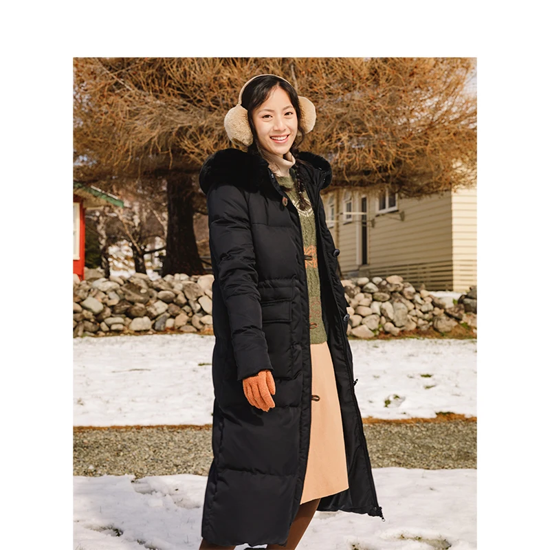 Инман зима с капюшоном меховой воротник повседневные длинные стиль для женщин верхняя одежда теплая длинное пуховое пальт
