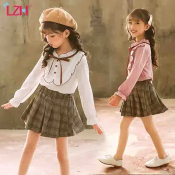 

LZH 2020 Autumn Lotus Leaf Collar Long Sleeve Shirt+Plaid Skirt 2Pcs Set Lady All-Match Clothes For Teenager Princess Girls Suit