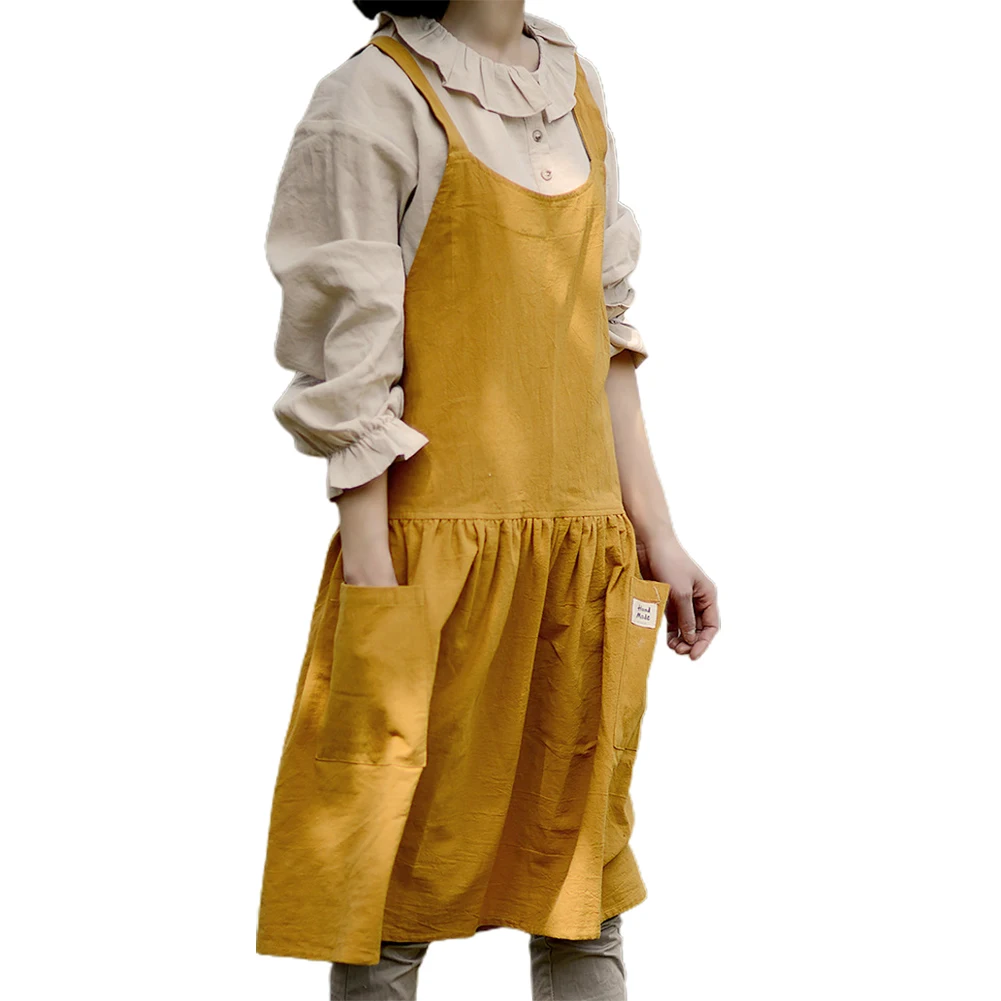 Women Antifouling Cross Back Pockets Cooking Baking Apron Dress Work Clothes Household Cleaning Tools Aprons Pockets Cross Back