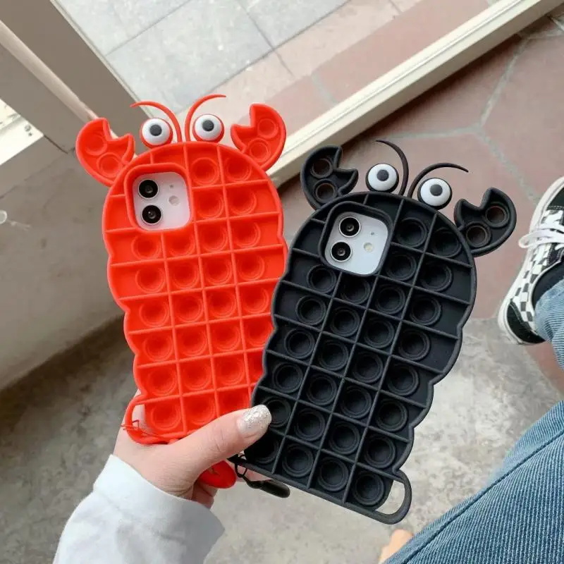 Kawaii Black Red Lobster Case for Iphone11 12Pro Max Xr Simple Dimple Fidget Toys Push It Bubble Soft Silicone Phone Cover | Игрушки и