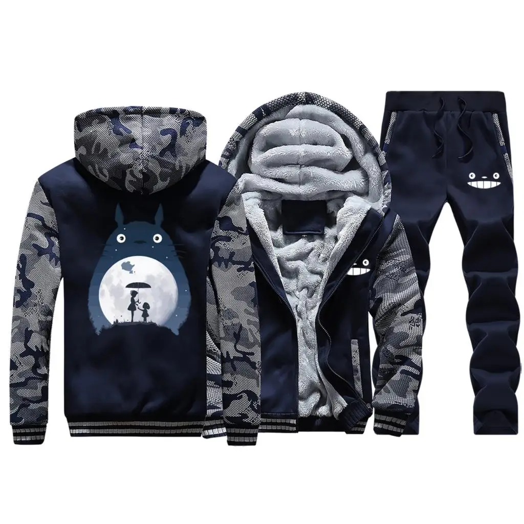 Зима японский мультяшный МИЛЫЙ Тоторо Спортивная одежда для мужчин с капюшоном толстый костюм аниме принт Толстовка камуфляж+ брюки комплект из 2 предметов - Цвет: Dark Blue