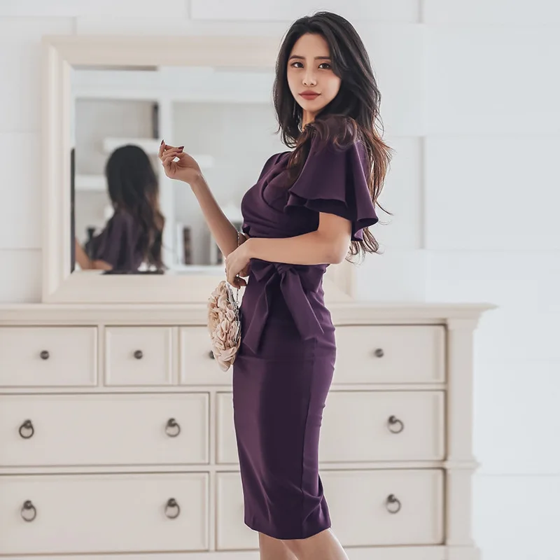 

New Style 2019 Korean-style Spring And Summer Waist Hugging Half Sleeve V-neck Bow Slimming Medium-length Dress