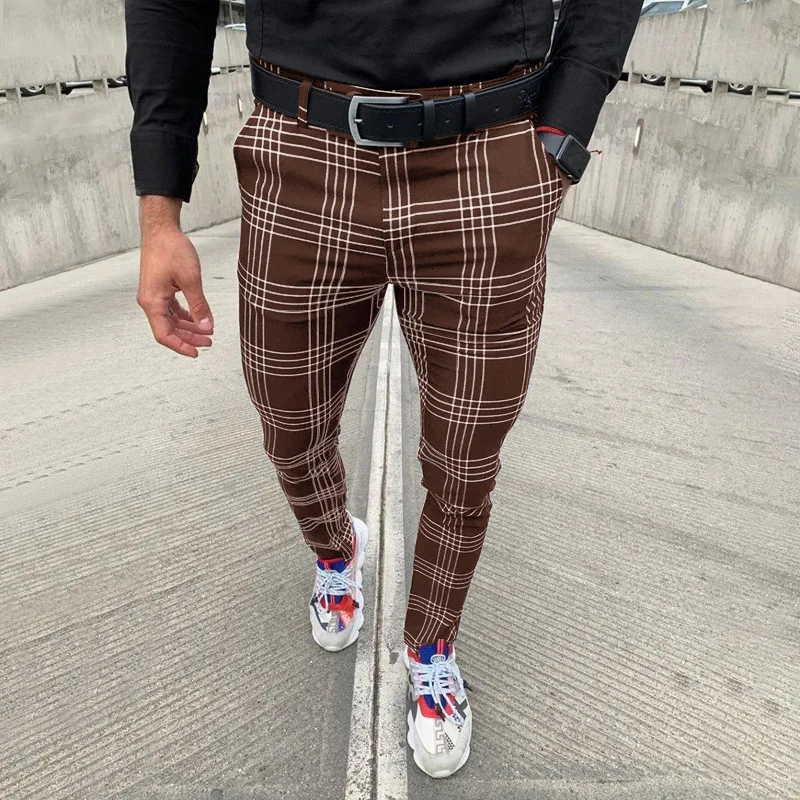 Summer Men's Casual Pants Plaid Social Stretch Trousers Mid Waist