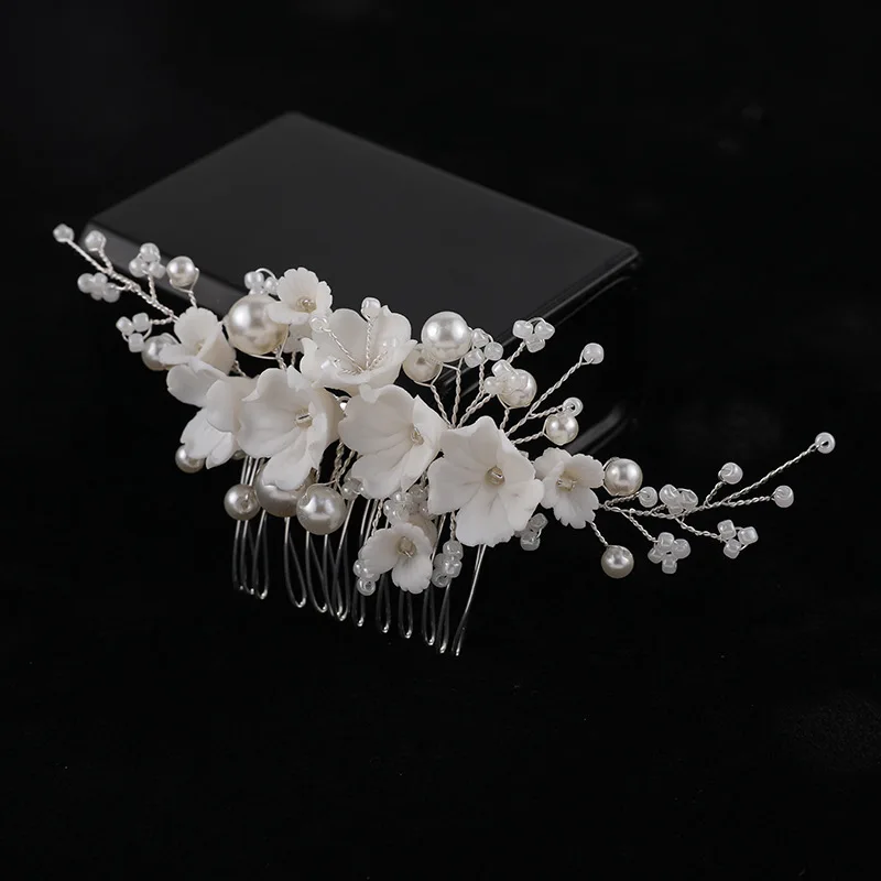 Floralbride Handmade Porcelain Flower Pearls Bridal Hair Comb Hair Pins Wedding Headdress Hair Accessories Women Hair Jewelry
