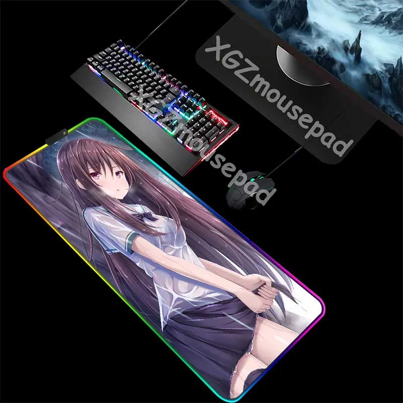 XGZ Anime Girl Wet After Rain Custom Large RGB Mouse Pad Black Lock Edge Computer Desk Mat Rubber N