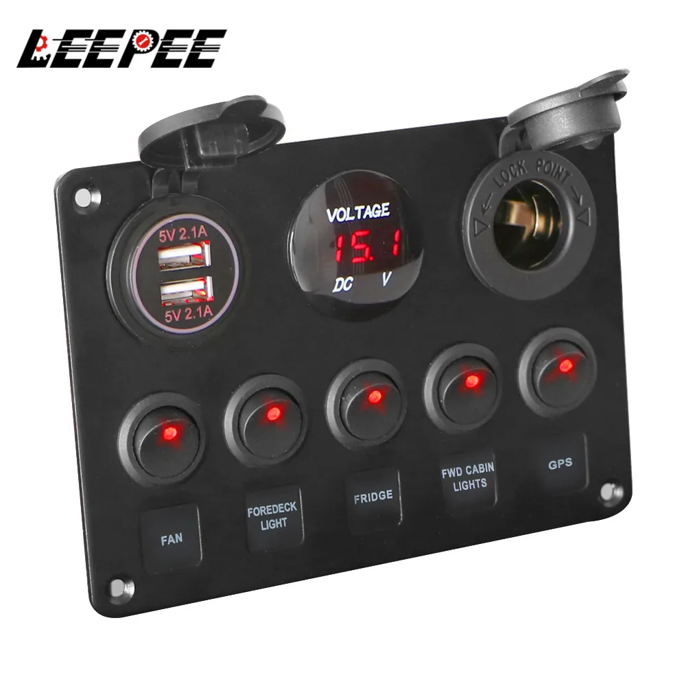 Leepee 5 Gang 12v Waterproof Intergrated Switch Panel Digital Voltmeter
