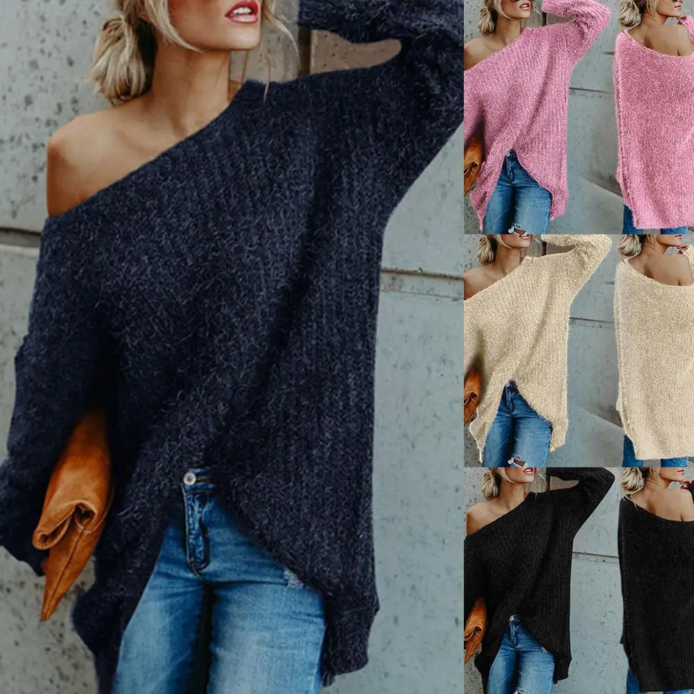 Suéter de punto con hombros descubiertos para mujer, Jersey holgado con mangas acampanadas, suéter de cachemira de visón, Sexy