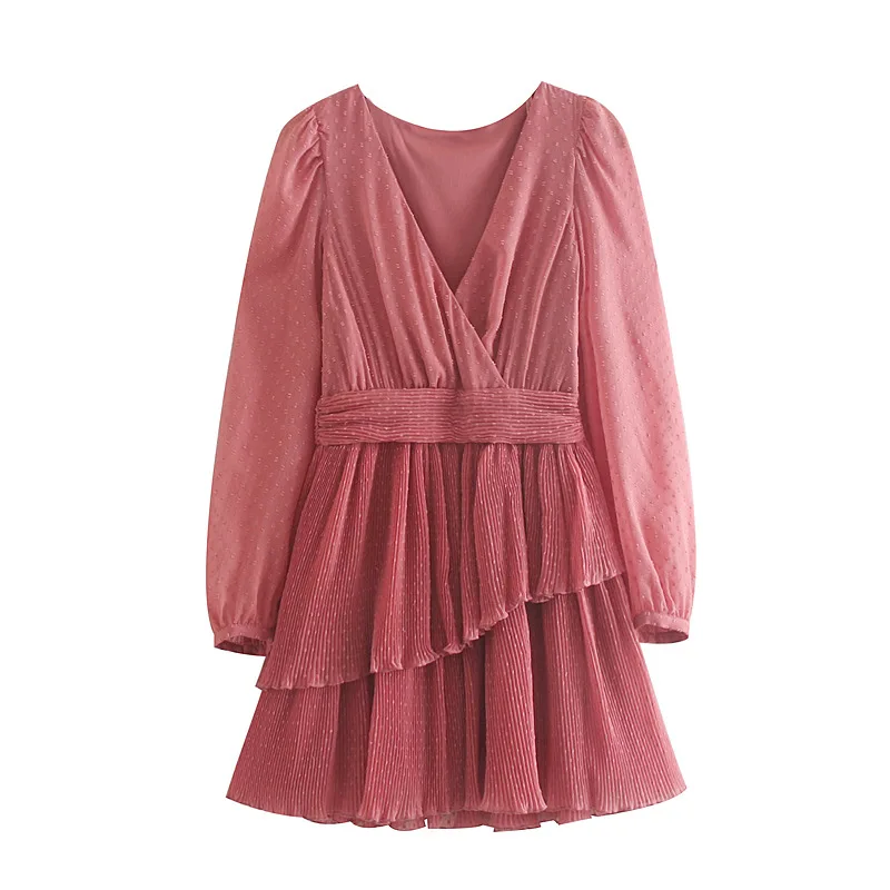 

QZ617 New Autumn Fashoin European Design V Neck Multilayer Flock Dot Voile Dress Pink Vestidos